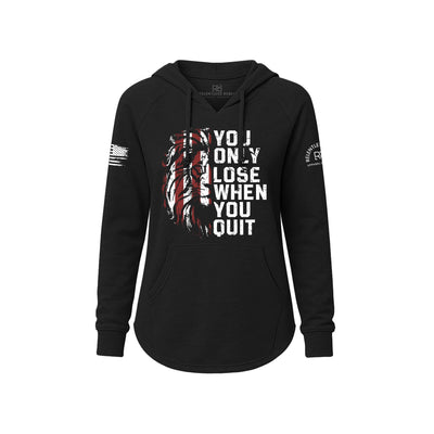 Black hoodie with motivational quote and American flag design on a white background
