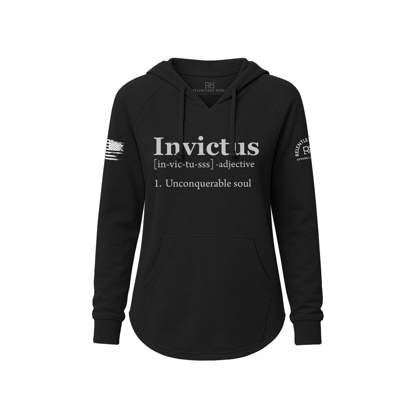 Black hoodie with 'Invictus' text and definition on a white background