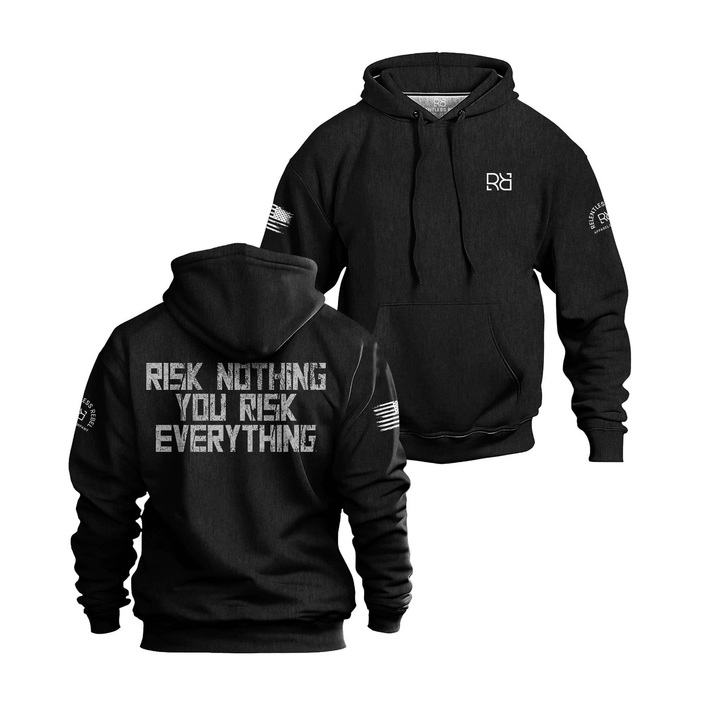 Black hoodie with text and logo on a white background