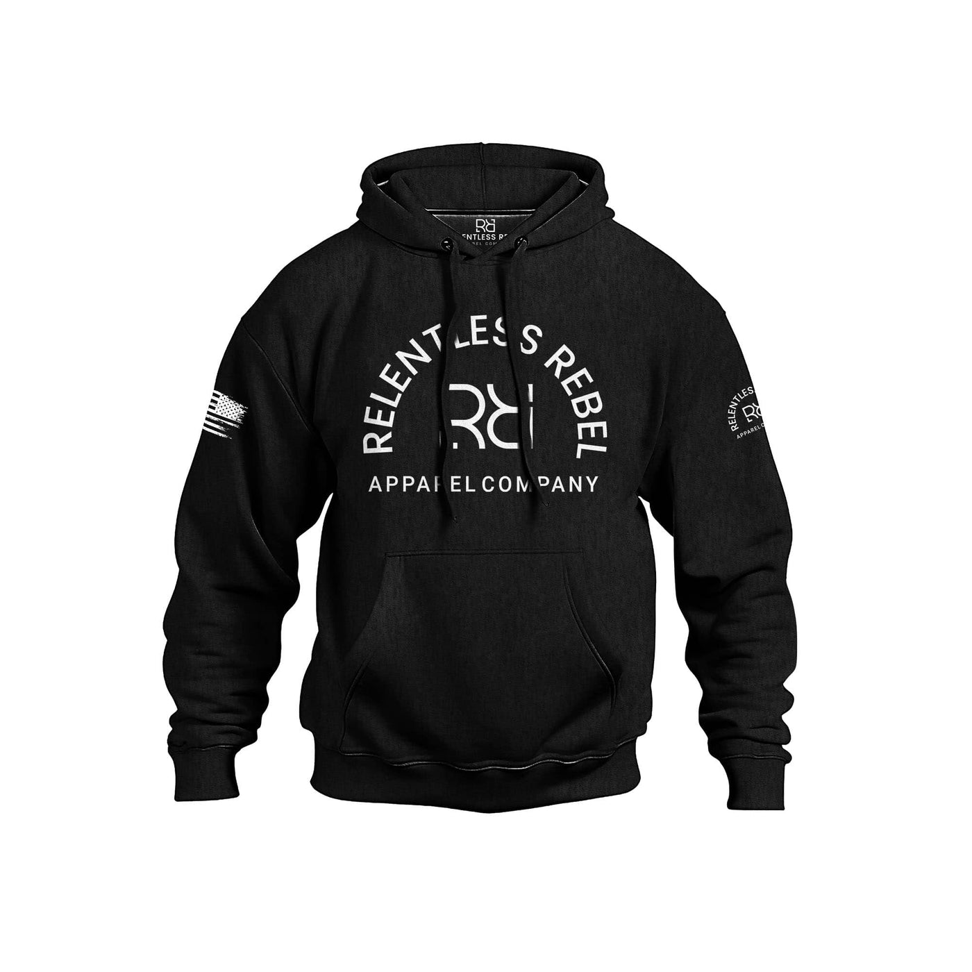 Black hoodie with white text and logos on a white background