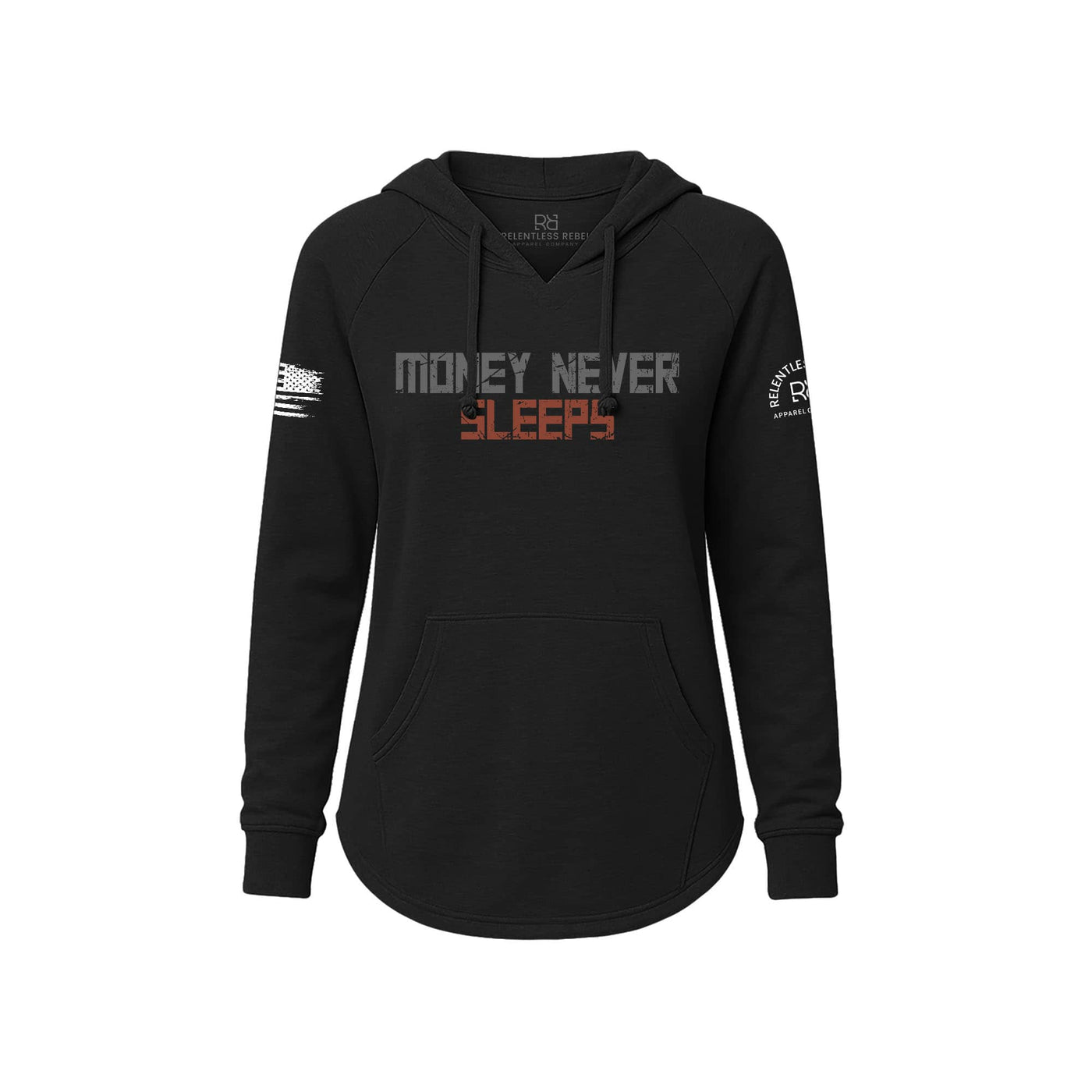 Black Women's Wave Hoodie with Money Never Sleeps on the front