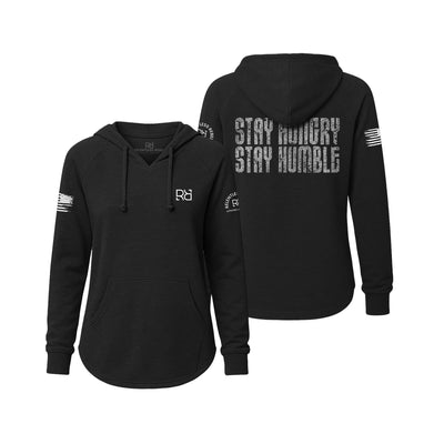 Black hoodie with 'Stay Hungry Stay Humble' text on a white background