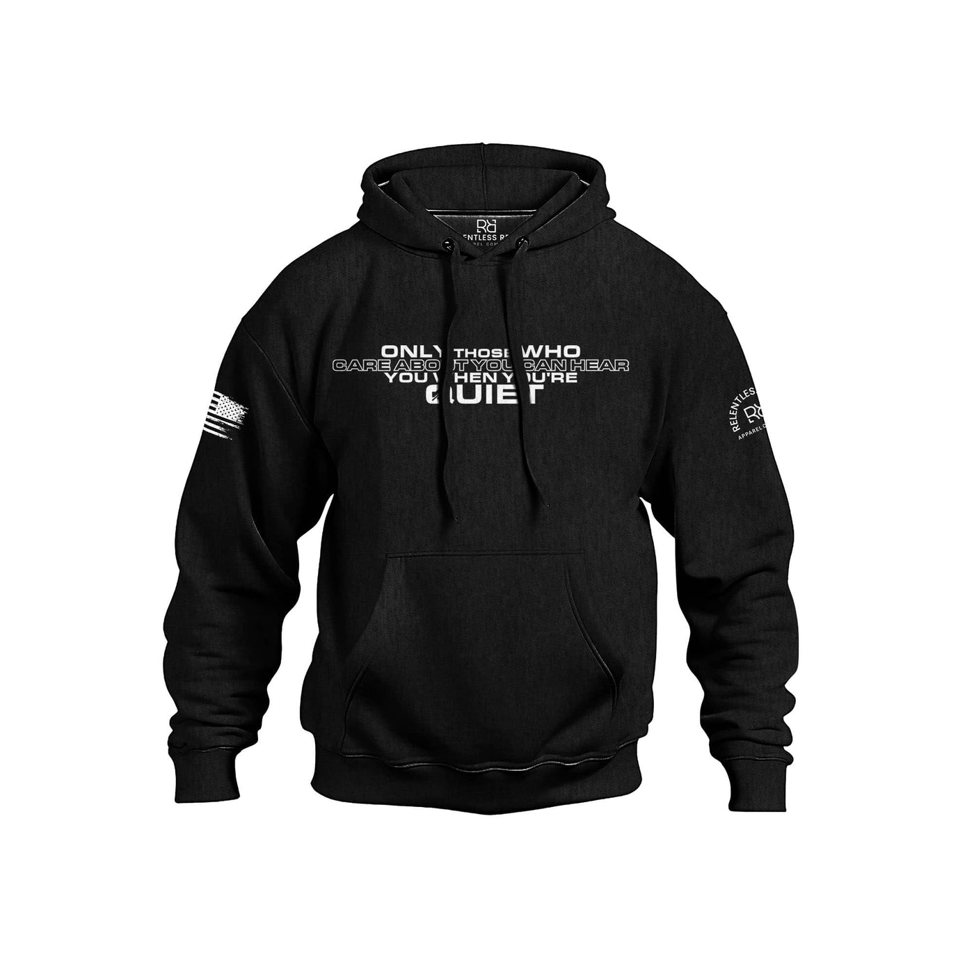 Black hoodie with white text and graphics on a white background