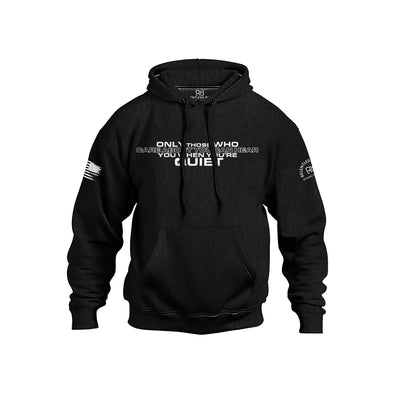 Black hoodie with white text and graphics on a white background