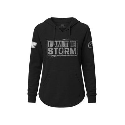 Black hoodie with 'I AM THE STORM' text on a white background