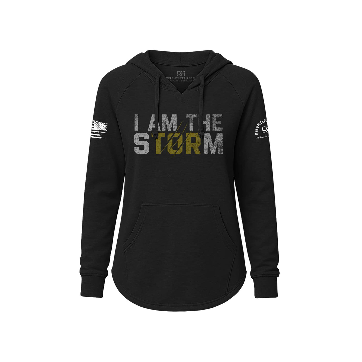 Black hoodie with 'I AM THE STORM' text on a white background