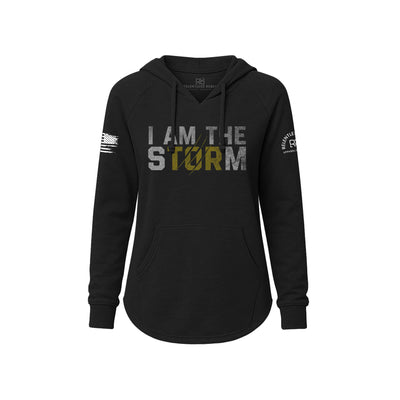 Black hoodie with 'I AM THE STORM' text on a white background