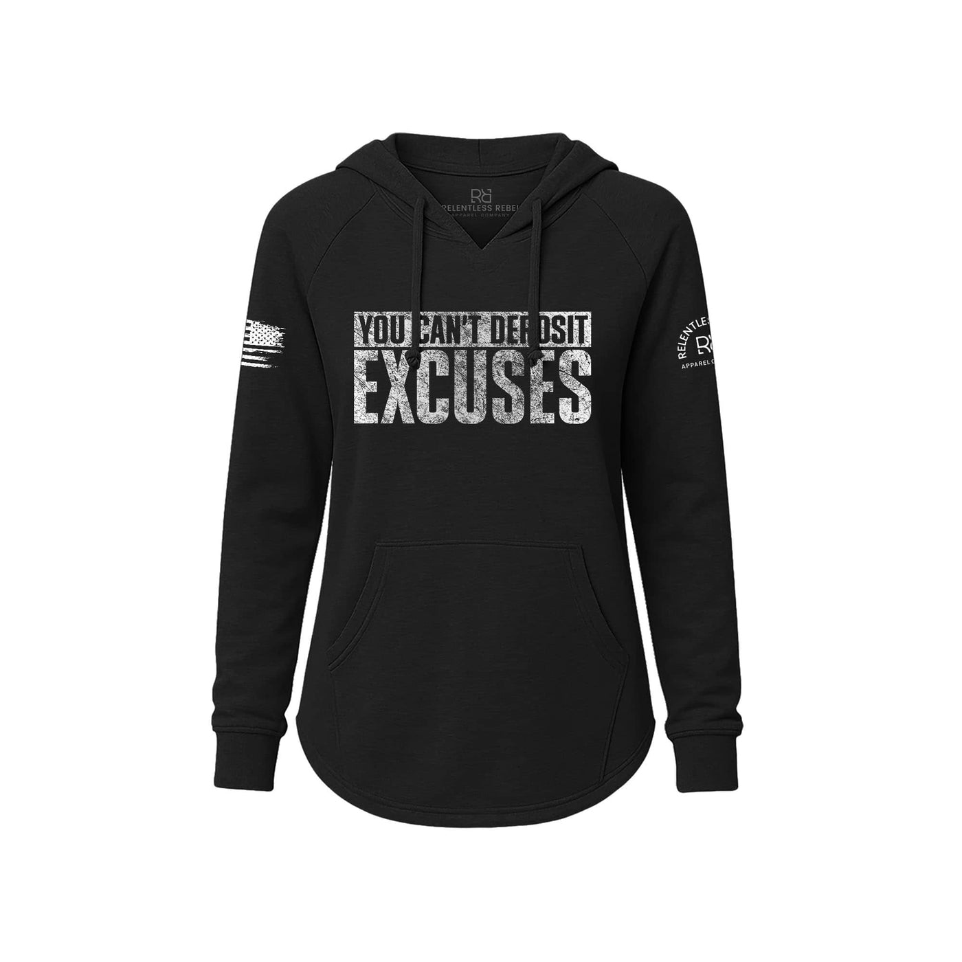 Black hoodie with motivational text on a white background