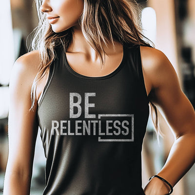 Person wearing a black tank top with 'BE RELENTLESS' text in a gym setting