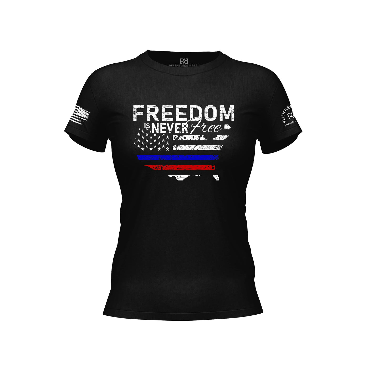 Black t-shirt with 'Freedom is Never Free' design on a white background
