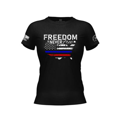 Black t-shirt with 'Freedom is Never Free' design on a white background