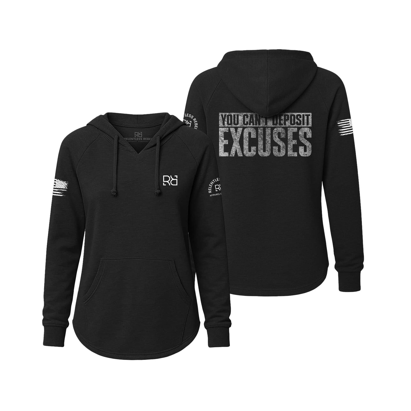 Black hoodie with text and logos on a white background