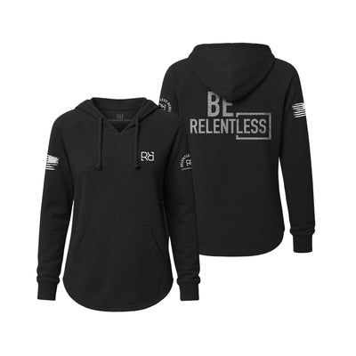 Black hoodie with 'Be Relentless' text on a white background