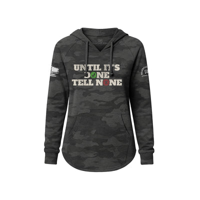 Camouflage hoodie with text on a white background