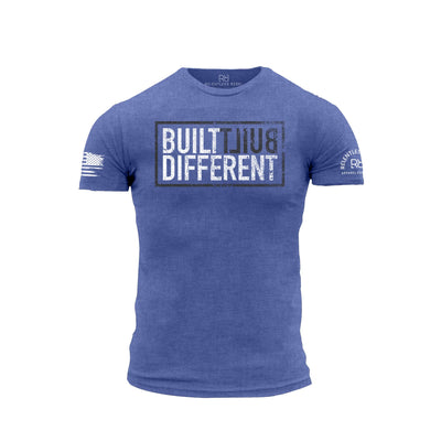 Blue t-shirt with 'Built Different' text on a white background