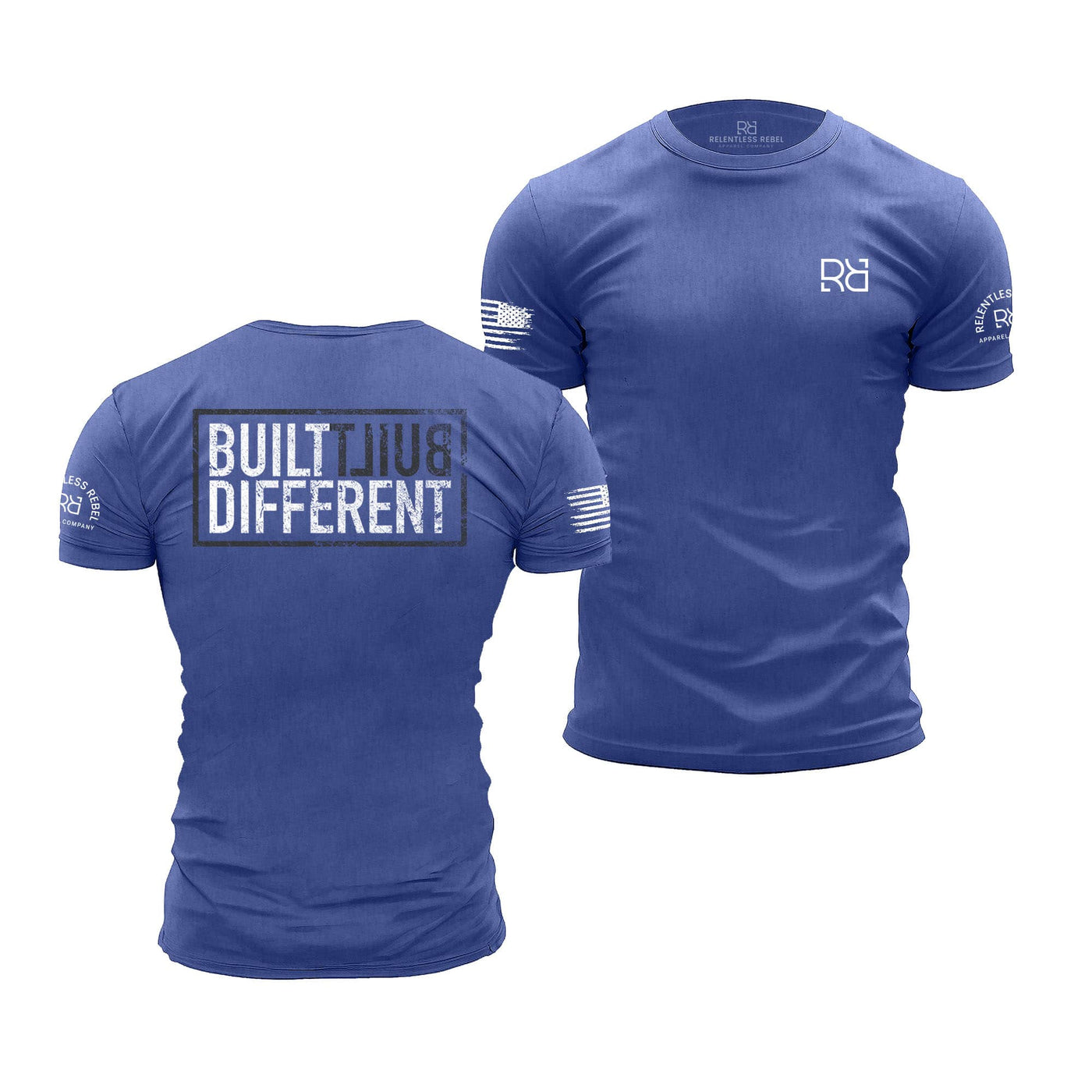 Blue t-shirt with 'Built Different' text on the back, displayed from front and back views.
