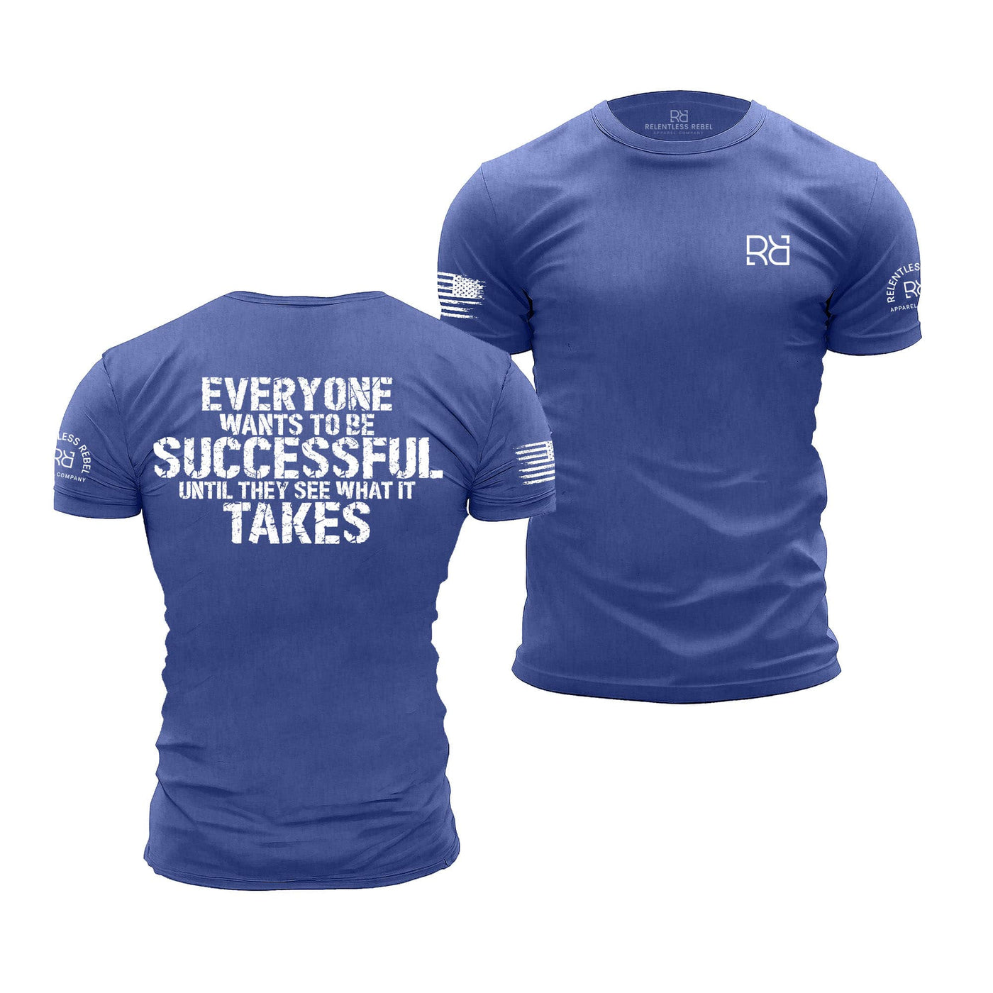 Blue t-shirt with motivational quote on the back and brand logo on the sleeve, displayed from front and back views.