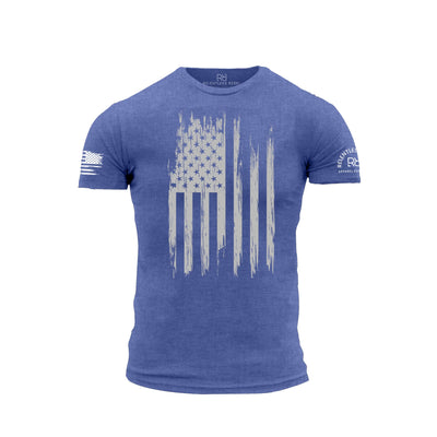Blue t-shirt with American flag graphic on a white background
