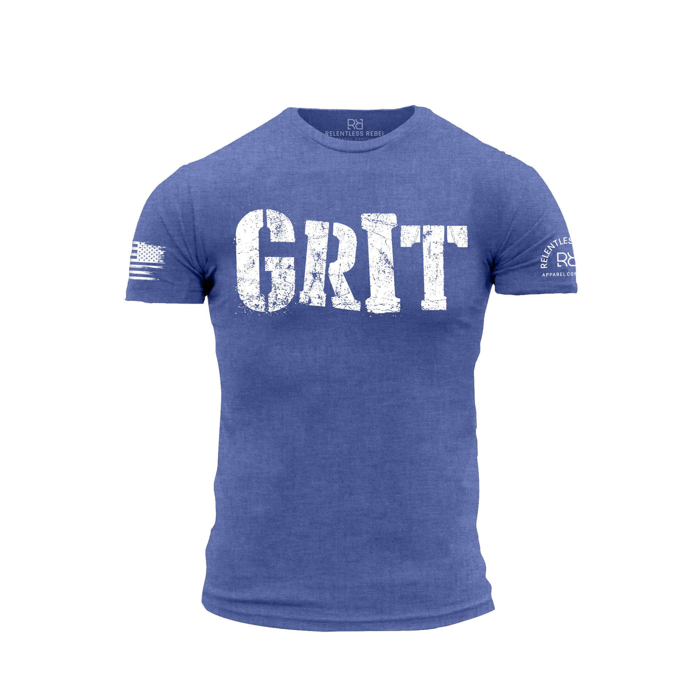 Blue t-shirt with 'GRIT' text on a white background