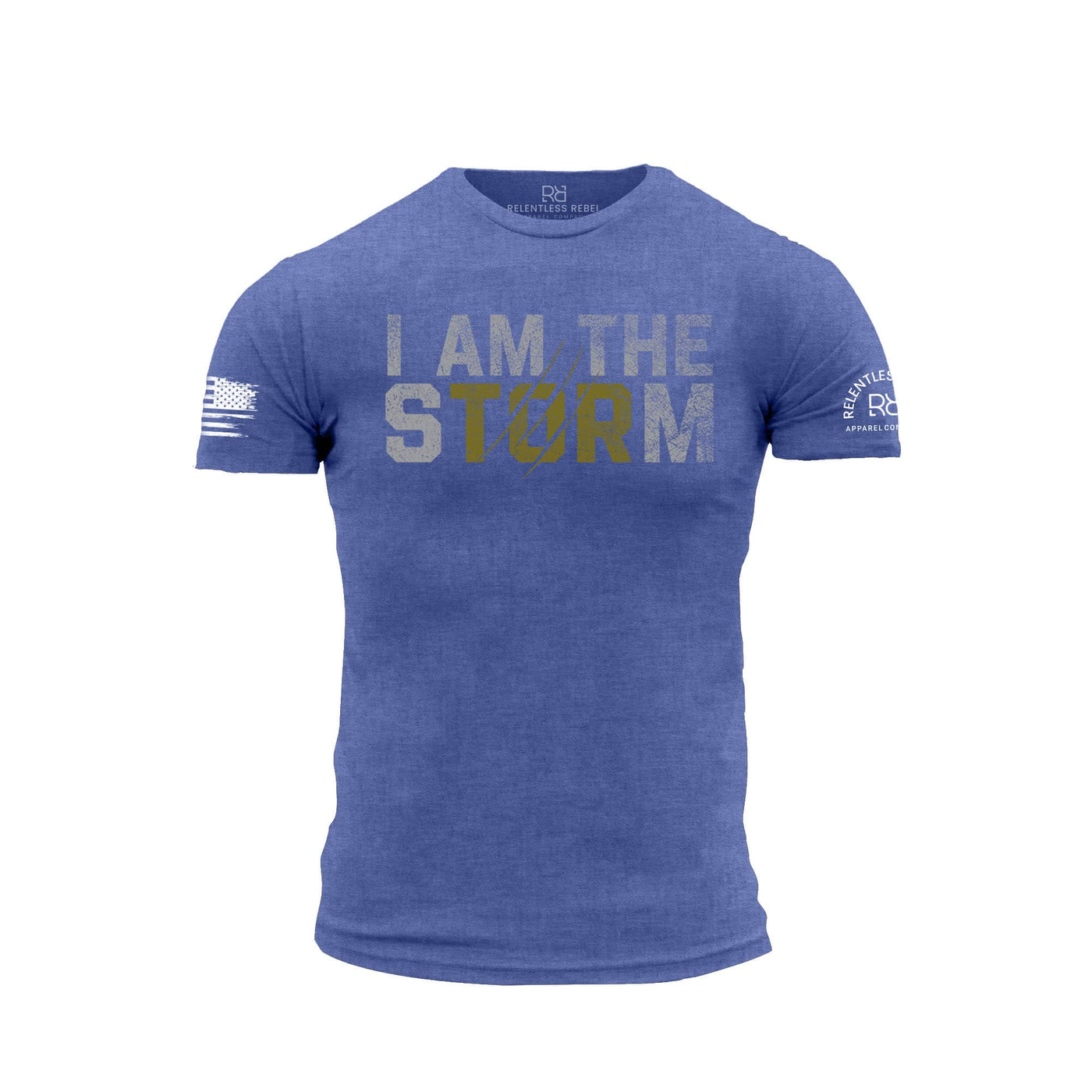 Blue t-shirt with 'I AM THE STORM' text on a white background