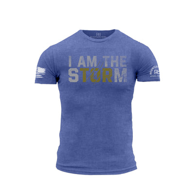 Blue t-shirt with 'I AM THE STORM' text on a white background