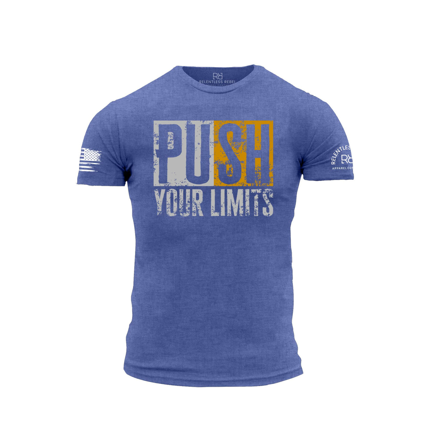 Blue t-shirt with 'Push Your Limits' text on a white background