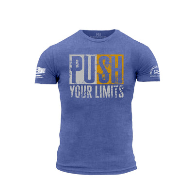 Blue t-shirt with 'Push Your Limits' text on a white background