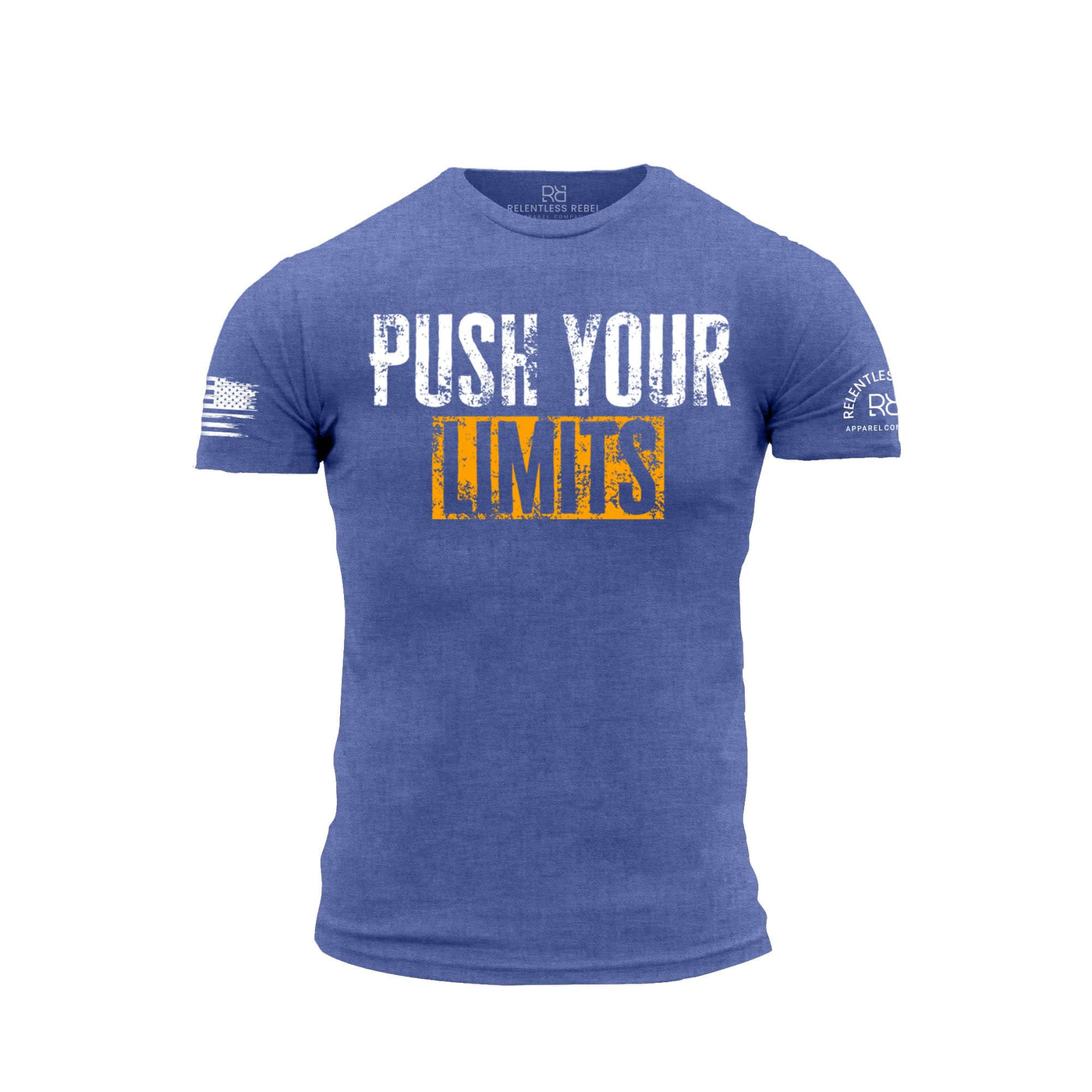 Blue t-shirt with 'Push Your Limits' text on a white background