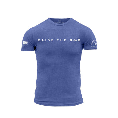 Blue t-shirt with 'Raise The Bar' text and logos on a white background