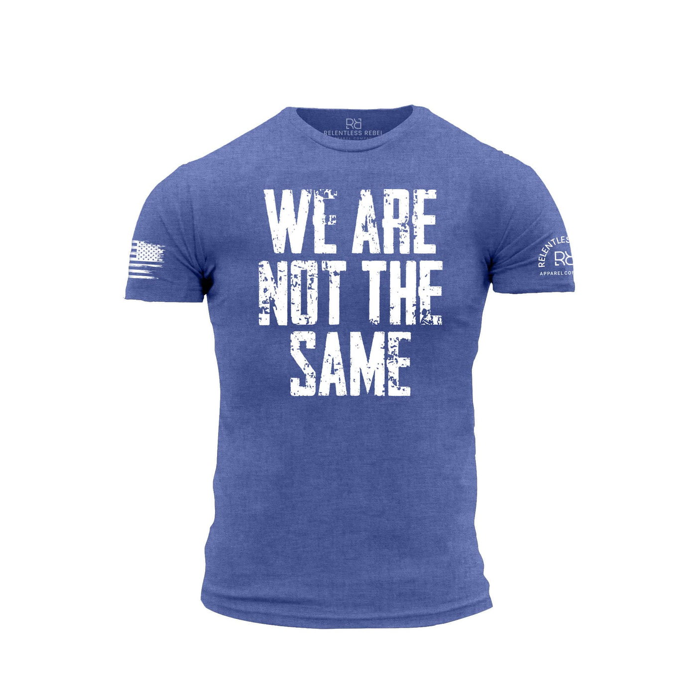 Blue t-shirt with 'We Are Not The Same' text on a white background
