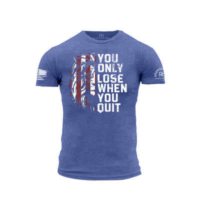 Blue t-shirt with motivational quote and American flag design on a white background
