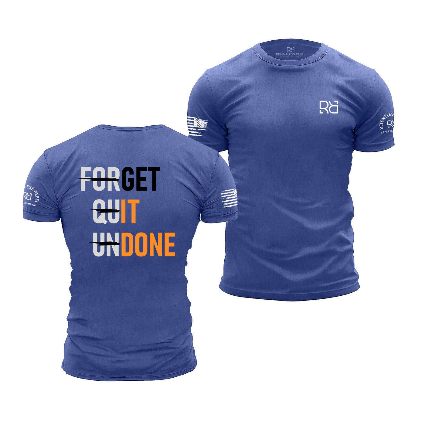 Blue t-shirt with motivational text on the front and back, featuring a brand logo.