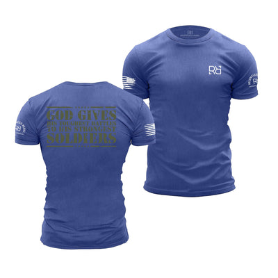 Blue t-shirt with text and logos on a white background