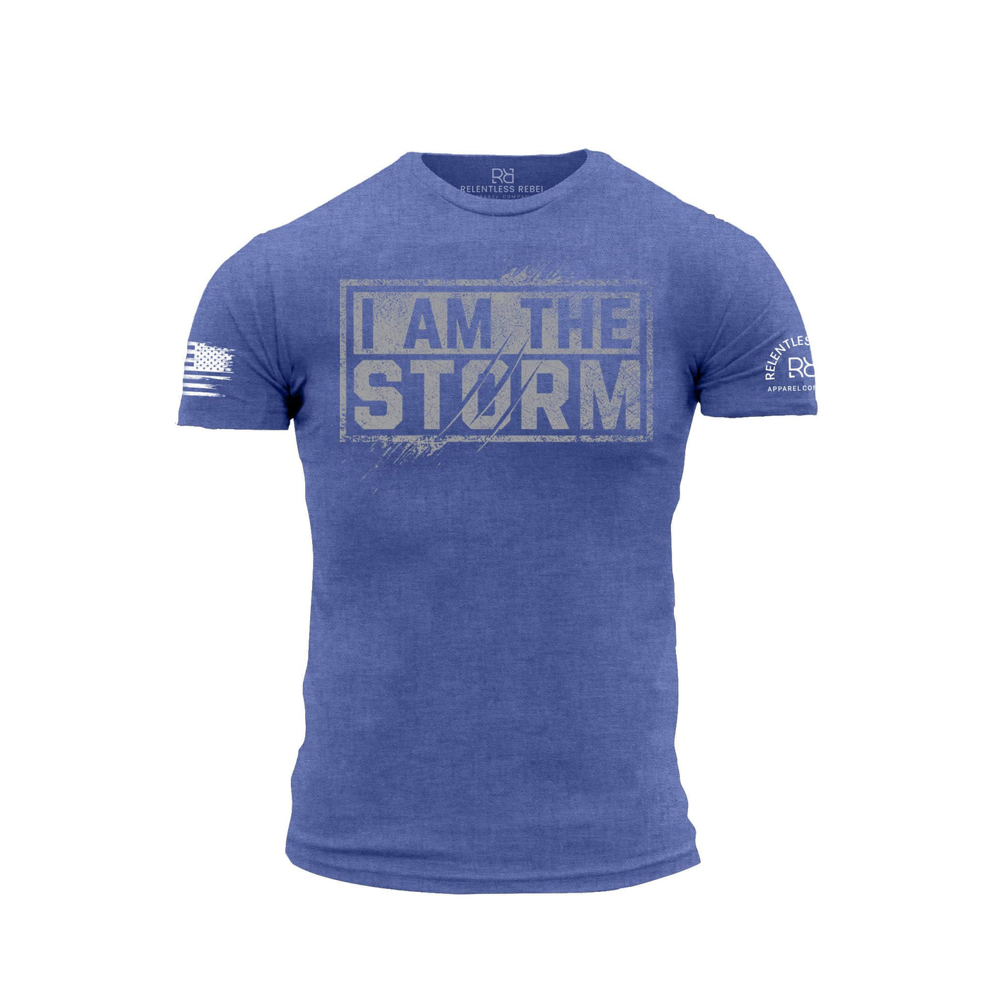Blue t-shirt with 'I AM THE STORM' text on a white background