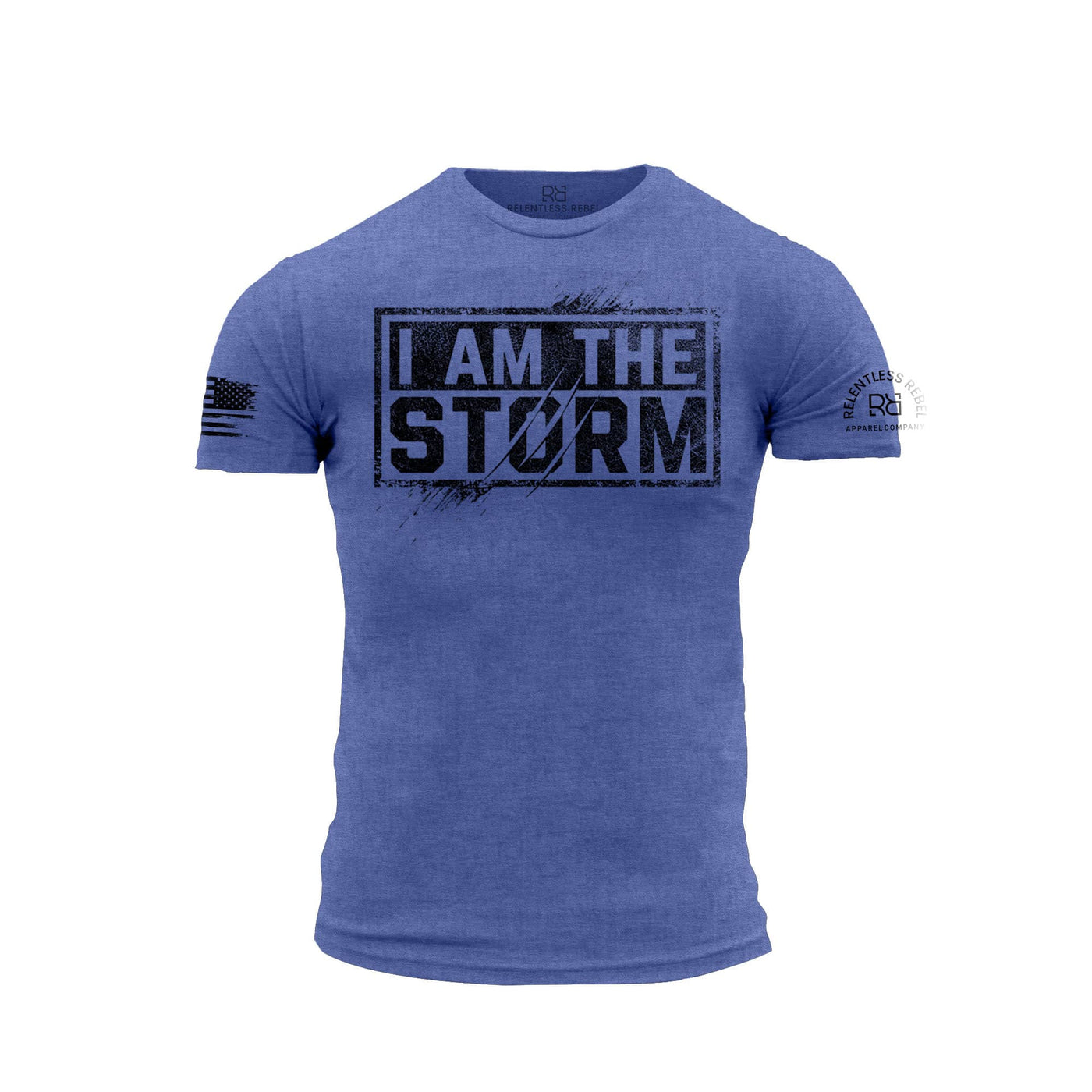Blue t-shirt with 'I AM THE STORM' text on a white background