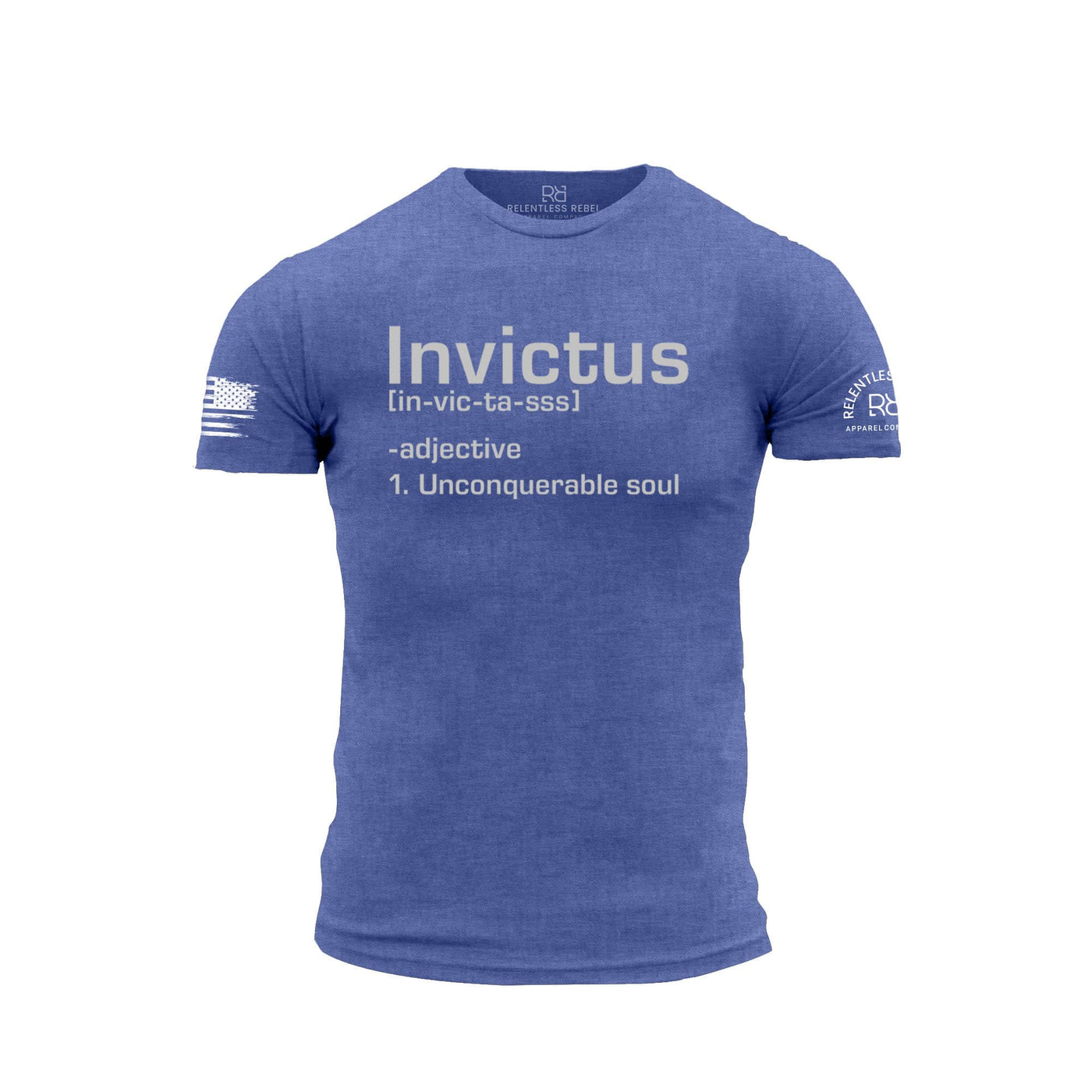 Blue t-shirt with 'Invictus' definition text on a white background