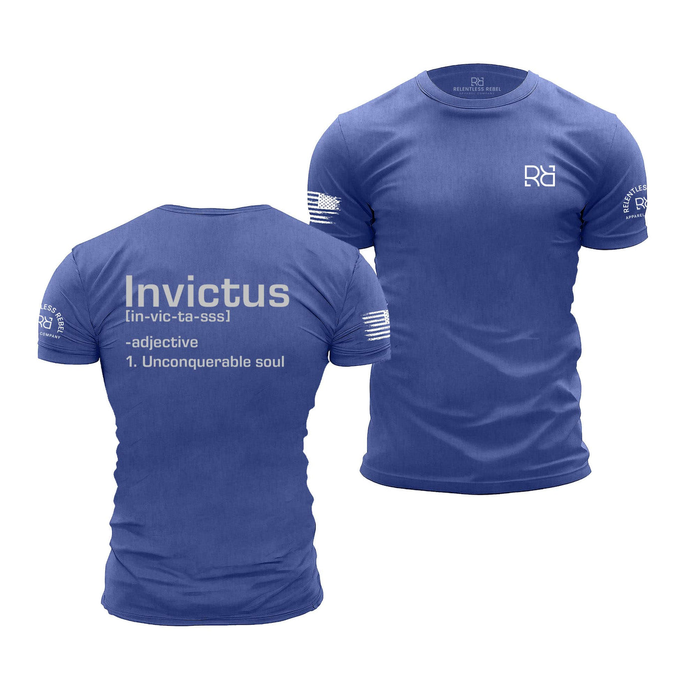 Blue t-shirt with 'Invictus' definition on the back and brand logo on the sleeve, displayed from front and back views.