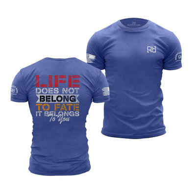 Blue t-shirt with motivational quote on front and back, brand logo on sleeve