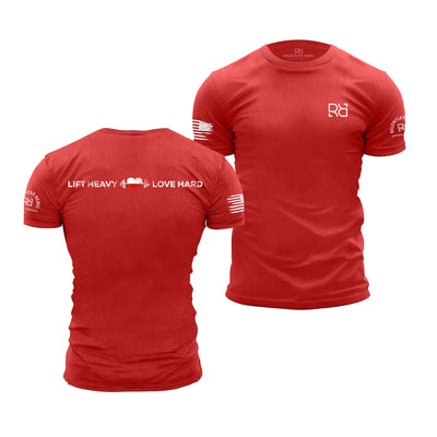 Red t-shirt with text and logos on a white background