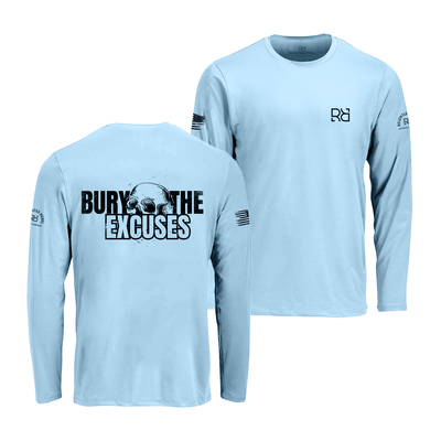 Light blue long-sleeve shirt with 'Bury the Excuses' text and logo on a white background