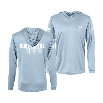 Blue Mist long-sleeve hoodie with text and branding on a white background
