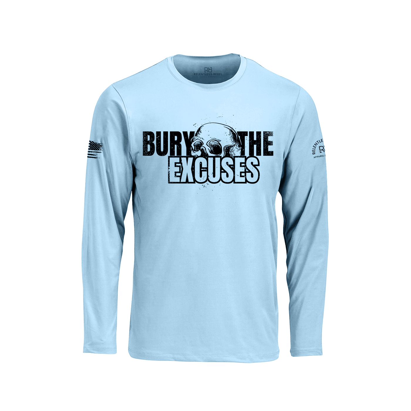 Blue Mist long-sleeve shirt with 'Bury the Excuses' text and skull graphic on a white background