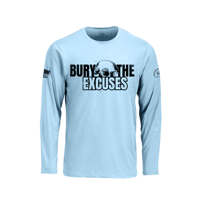 Blue Mist long-sleeve shirt with 'Bury the Excuses' text and skull graphic on a white background