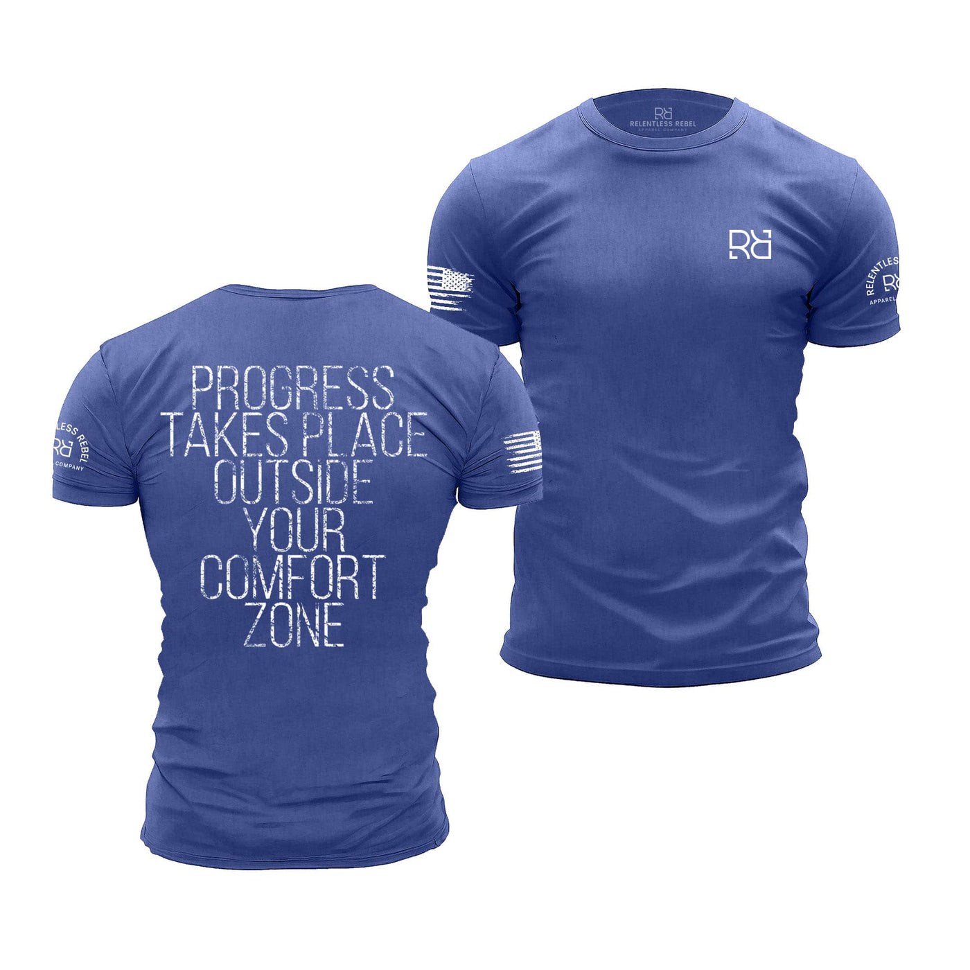 Blue t-shirt with motivational quote on front and back, brand logo on sleeve