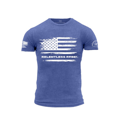 Blue t-shirt with American flag design and 'Relentless Rebel' branding on a white background