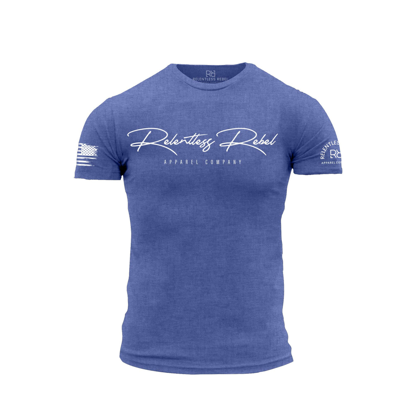 Blue t-shirt with 'Relentless Rebel Apparel Company' logo on a white background