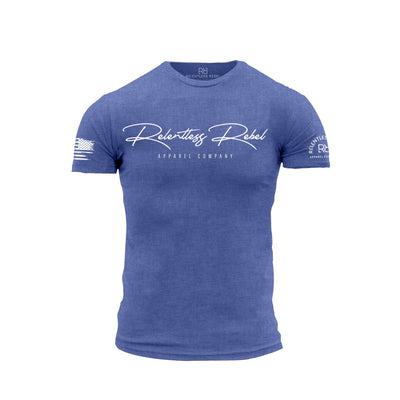 Blue t-shirt with 'Relentless Rebel Apparel Company' logo on a white background
