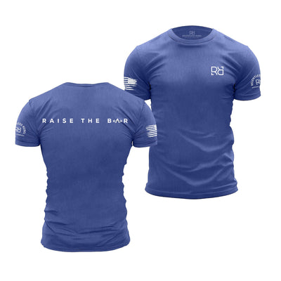 Blue t-shirt with 'Raise the Bar' text and logo on a white background