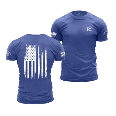 Blue t-shirt with American flag design on the back and brand logo on the sleeve, displayed from front and back views.