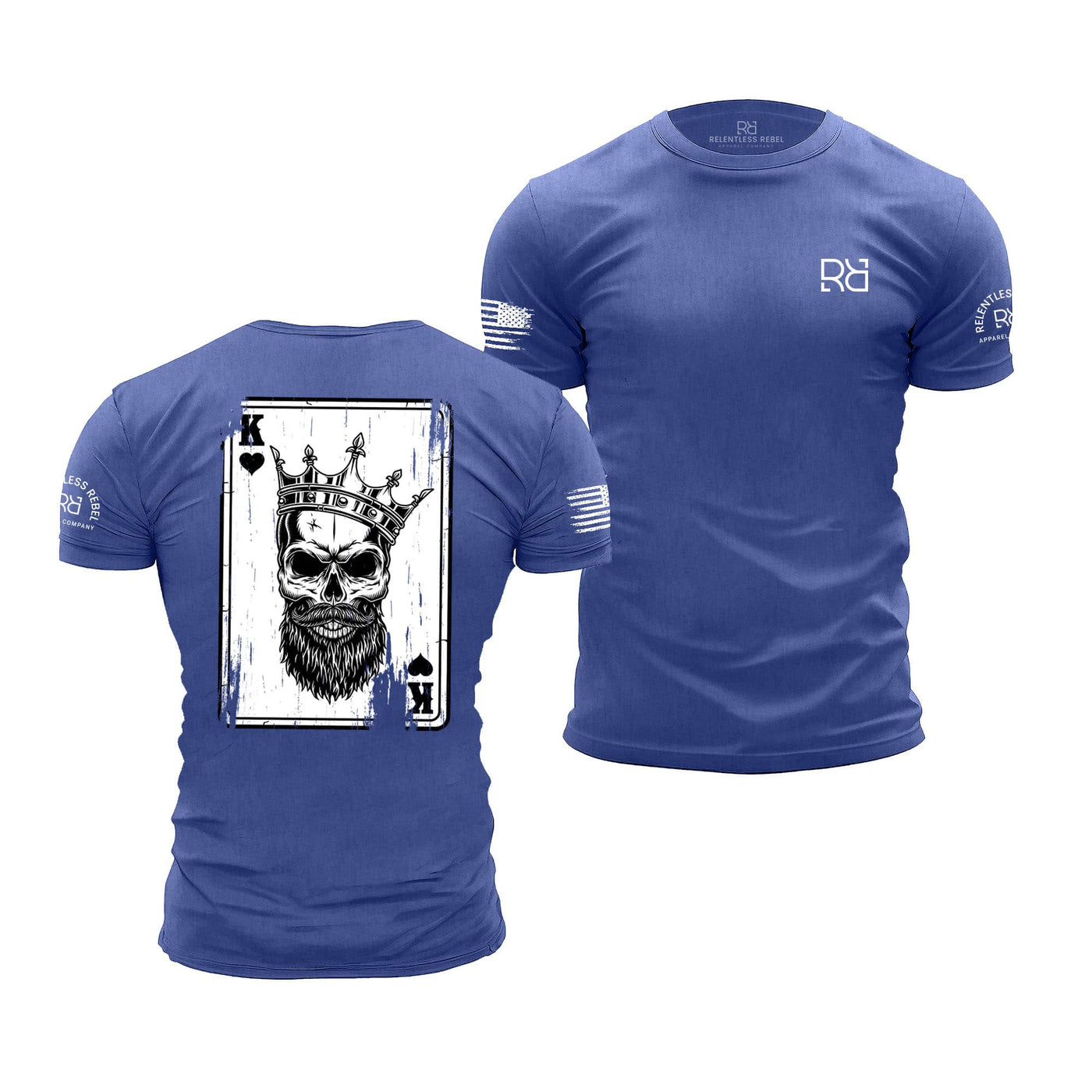 Blue t-shirt with skull and card design on front, and logo on sleeve, on white background